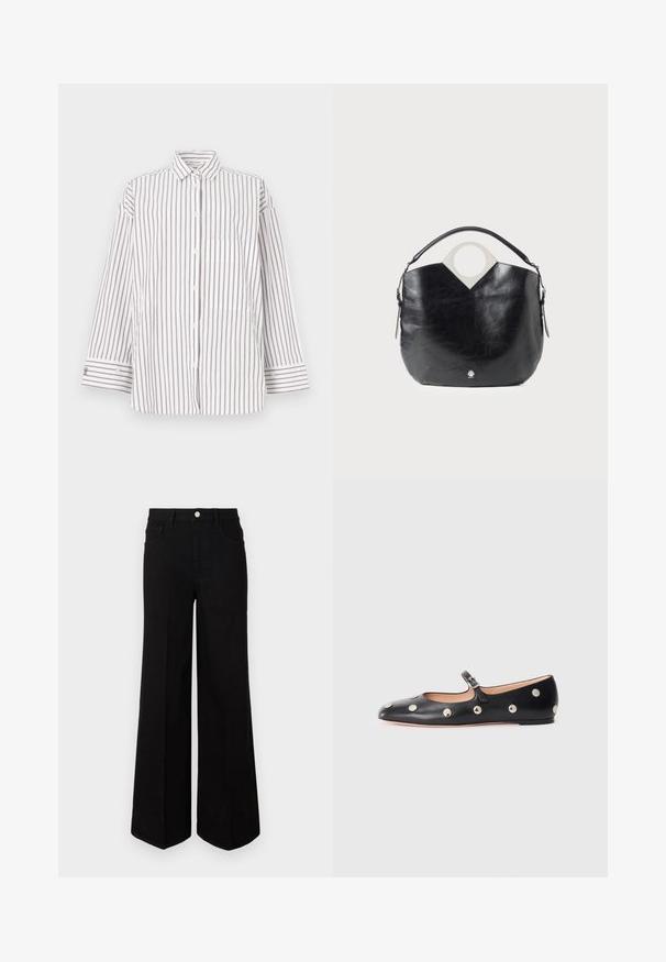 Striped shirt made of lightweight fabric, featuring vertical brown and white stripes, a collar, and a front pocket. Long sleeves with button cuffs.; Black wide-leg jeans made of sturdy fabric, featuring a high waist, front pockets, and a front button closure. Flat hem at the bottom.; Black leather Mary Jane flat shoe with a rounded toe, featuring silver circular studs and an adjustable strap with a buckle.; Black leather bag with a curved shape, circular top handle, and silver logo detail. Smooth texture and notable cut-out design feature.