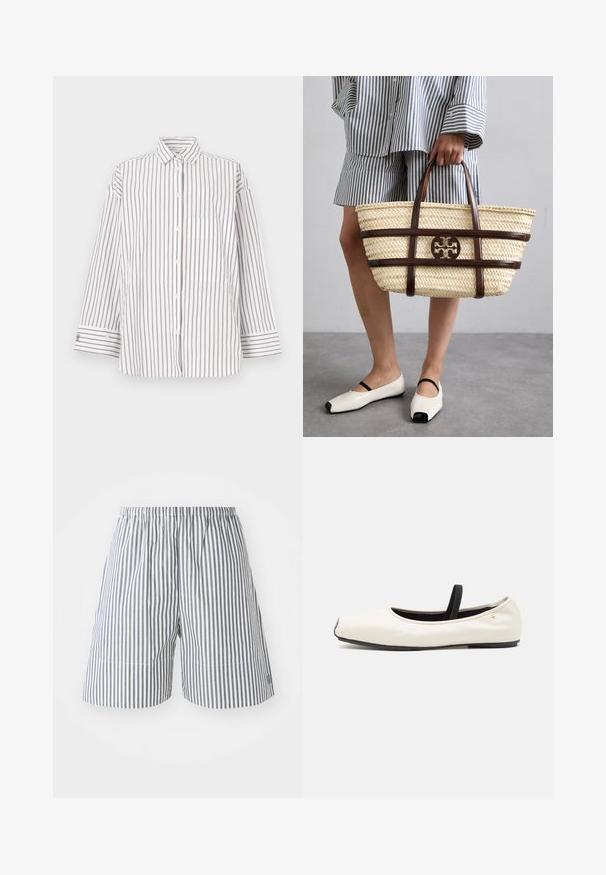 Gestreiftes Hemd aus leichtem Stoff, mit vertikalen braunen und weißen Streifen, Kragen und einer Vorderbrusttasche. Lange Ärmel mit Knopfmanschetten.; Gestreifte Shorts aus Baumwolle in Marineblau und Weiß, mit einem elastischen Bund und lässiger Passform. Mittellange, bis zur Mitte des Oberschenkels, mit dezenten Nähdetails.; Flache Ballettschuhe aus weißem Leder mit abgerundeter Spitze, schwarzem elastischem Riemen und kleinem goldenen Emblem nahe der Ferse. Weiche Textur und minimalistisches Design.; Geflochtene Strohtasche mit braunen Lederakzenten und -griffen. Besitzt ein ausgeschnittenes Logo und kontrastierende horizontale Bänder.
