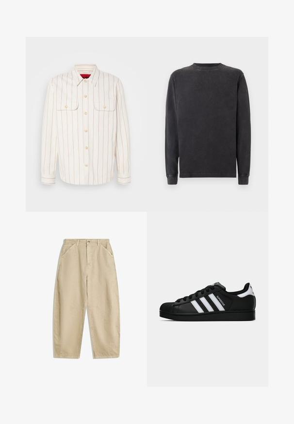 Bijela košulja-jakna s bež vertikalnim prugama, dva džepa na prsima i gumbima za zatvaranje. Ima klasični ovratnik i manžete na rukavima.; Dugi rukav, majica s okruglim izrezom u tamnosivoj boji, napravljena od meke mješavine pamuka. Ima rebraste manšete i izrez s glatkom, lagano teksturiranom završnom obradom.; Bež pamuk hlače širokih nogavica s visokim strukom, s prednjim džepovima i prednjim zatvaranjem na dugme. Glatka tekstura s urednim šavovima.; Crne Adidas Superstar tenisice s bijelim prugama, konusom na vrhu i natpisom "Superstar" sa strane, prikazane u bočnom profilu na bijeloj pozadini.