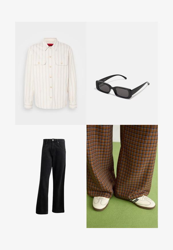 Valkoinen takki, jossa on vaaleanruskeat pystysuorat raidat, kaksi rintataskua ja nappisuljenta. Ominaisuuksiin kuuluu klassinen kaulus ja käänteet hihansuissa.; Musta farkkutakki suoralla lahje muotoilulla, jossa on etutaskut, nappisuljenta ja hieno rakenne. Mukana on huomaamaton logotyyppinen yksityiskohta.; Ruskonsin ja sininen ruutukuvioinen leveälahkeinen housut yhdistettynä valkoisiin kenkiin, joissa on mustia yksityiskohtia ja tekstuuripohjat, vihreää taustaa vasten.; Mustat suorakaiteen muotoiset aurinkolasit, joissa tummat linssit, kiiltävä pinta, leveät sangan varret ja massiivinen kehysmuotoilu. Yhden sangansivun kaiverrettu brändinimi.