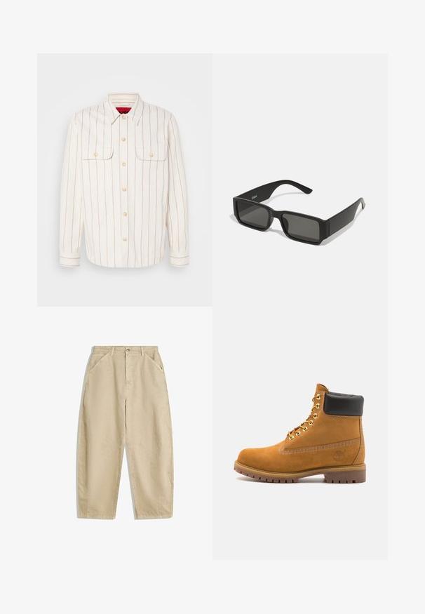 Bela srajčna jakna s svetlo rjavimi navpičnimi črtami, dvema žepoma na prsih in zapiranjem na gumb. Ima klasičen ovratnik in manšete s prekinitvijo.; Beige širokolatne bombažne hlače z visokim pasom, ki vključujejo sprednje žepke in sprednje zapiranje na gumb. Gladka tekstura z urejenimi šivi.; Svetlo rjave anklne čizme iz semiša z črnim oblazinjenim ovratnikom, zlatimi kovinskimi očesci, belimi šivi in robustnim gumijastim podplatom s izrazitimi tredi.; Črne sončne očala z pravokotnimi lečami, mat plastični okvir in ravne robove. Izdelki imajo logotip blagovne znamke na notranji strani ročaja.