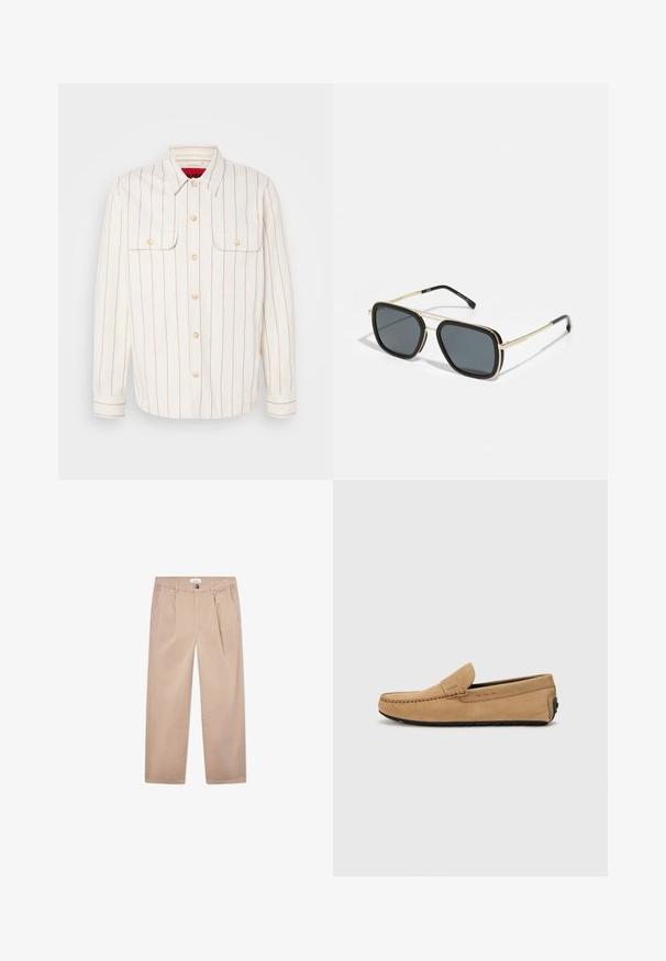 Balta krekla jakas ar brūnām vertikālām svītrām, divi krūšu kabatas un pogu aizdare. Iezīmē klasisku apkakli un cilpu piedurknes.; Kaki bikses, kas izgatavotas no kokvilnas, ar taisnu kāju dizainu, divām priekšējām kabatām, pogu aizdari un klasisku fit.; Beidzīgas zamšas mokasīni ar izšūtu purngali, pieslīdēšanas dizains un melna gumijas zole. Satur nedaudz pamanāmu zīmolu uz sāna.; Melnās un zeltainās saulesbrilles ar kvadrāta formu, metāla rāmi, tumši pelēkiem stikliem un melniem tempļiem. Iezīmējas ar dubulto tilta dizainu.