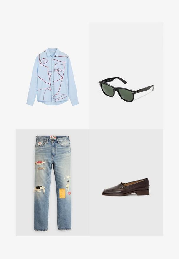 Svetlomodrá košeľa na gombíky so červeným abstraktným výšivkou, vrátane očí a úsmevného dizajnu, s klasickým golierom a dlhými rukávmi.; Biela dlhá rukávová tričko s okrúhlym výstrihom, vyrobené z jemnej tkaniny, s voľným strihom a bez viditeľných log alebo vzorov.; Svetlomodré denimové džínsy s voľným strihom, obsahujúce poškodené náplaste v rôznych farbách a vzoroch, vrátane oranžových a červených akcentov.; Hnedé kožené mokasíny s jemne špicatou špičkou, nízkym stohovaným podpätkom a dekoratívnym prešívaním na vrchnáku. Hladká textura, minimalistický dizajn.; Čierne plastové slnečné okuliare so zelenými šošovkami, štvorcové rámy, strieborný akcent na obočí a textúrované ramenné opierky. Brand uvedený na vnútornej strane ramien.