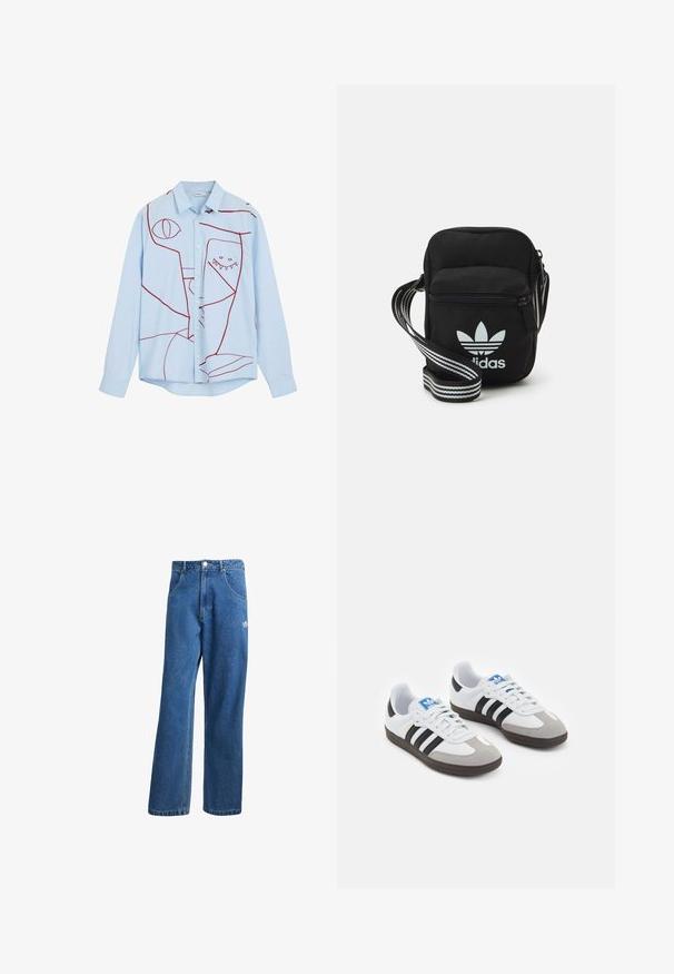 Šviesiai mėlyna marškinėlių palaidinė su raudonomis abstrakčiomis siuvinėmis, įskaitant akis ir dantytą dizainą, su klasikine apykakle ir ilgomis Rankovėmis.; Mėlynos aukštu liemeniu plačios džinsinės kelnės su priekinėmis kišenėmis, diržo kilpos, sagčių uždarymu ir mažu Adidas logotipu dešinėje šlaunyje.; Sportiniai batai su balta odine viršutine dalimi, pilku zomšiniu priekiu ir trimis juodomis juostelėmis. Ant liežuvio yra mėlynas logotipas, o padas pagamintas iš tekstūruoto gumos.; Juodas audinio per petį nešiojamas krepšys su užtrauktuku, turintis baltą Adidas logotipą ir dryžuotą reguliuojamą diržą patogiam nešiojimui.