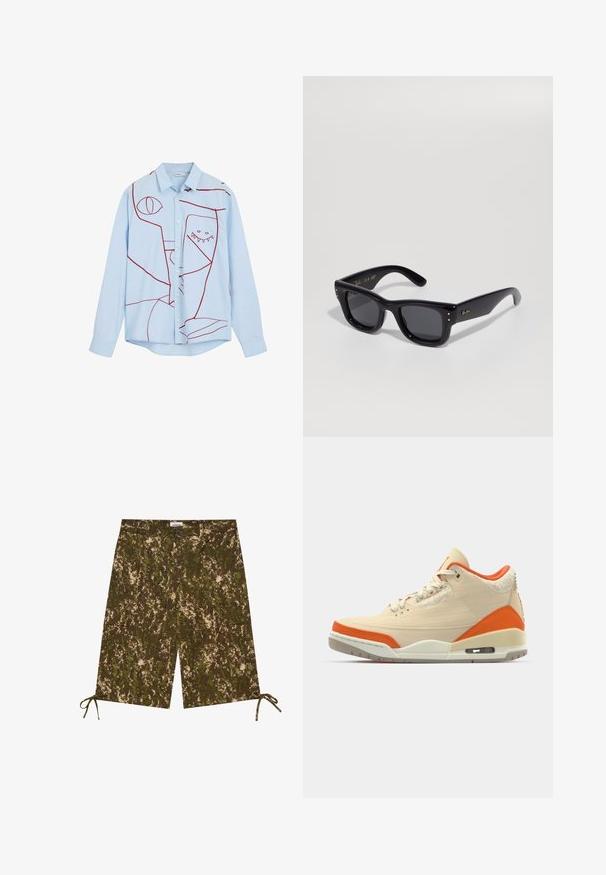 Svijetloplena košulja na dugih rukava s gumbima, s crvenim apstraktnim vezom koji uključuje oči i zubasti dizajn, klasičnog ovratnika.; Šortsevi u kamuflažnom uzorku u nijansama zelene i smeđe, izrađeni od laganog materijala, sa bočnim džepovima i podesivim vezicama na rubu.; Bež tenisice s narančastim akcentima, platneni gornji dio, teksturirani detalji na peti i vidljiva zračna jedinica u potplatu.; Crne sunčane naočale s sjajnom završnom obradom, pravokutni okvir, tamne leće i zlatni logotip kao naglasak na sljepoočnicama. Dva zlatna kruga na svakom prednjem kutu.; Crna najlon torba preko ramena s prednjim poklopcem, podesivim remenom i plastičnom kopčom. Ima teksturirani logo na remenu i tijelu.