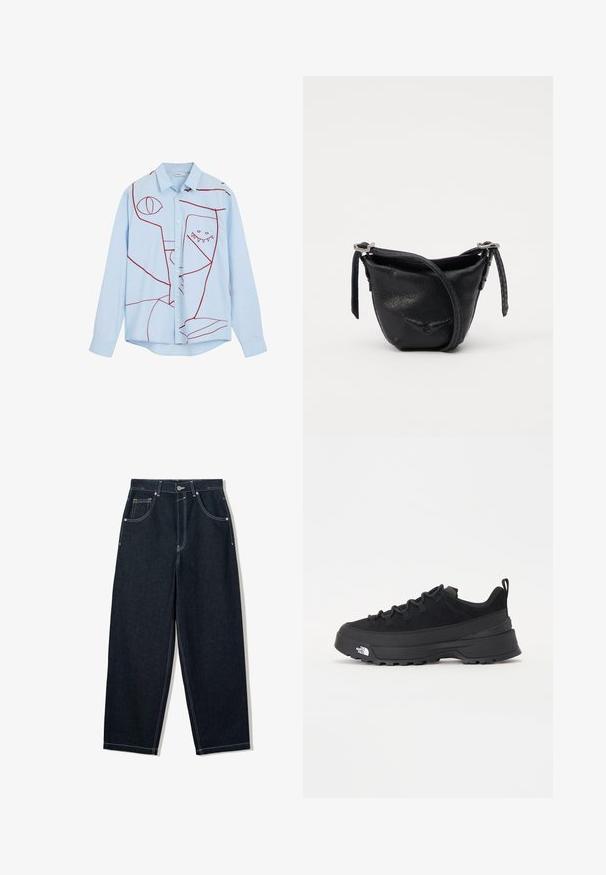 Lichtblauwe button-up shirt met rode abstracte borduursels, waaronder ogen en een tandige ontwerp, met een klassieke kraag en lange mouwen.; Wijdbenige, donkerblauwe spijkerbroek met contrasterende witte stiksels, vijf zakken en een knoopsluiting. Voorzien van een hoge taille.; Zwarte outdoor sneaker met een suede bovenkant, een gestructureerde rubberen zool en een stevig vetersysteem. Heeft een versterkte hiel en een merklogo aan de zijkant.; Zwarte leren pouch tas met gebogen ontwerp, verstelbare schouderriem en gestikt detail. Heeft een gestructureerd oppervlak en zilverkleurige hardware.