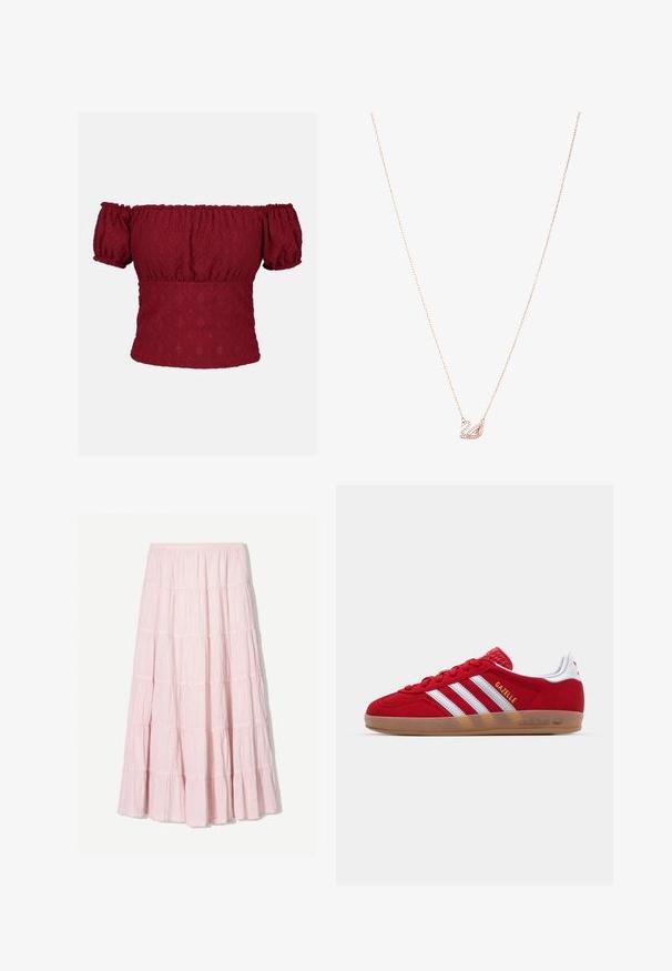 Burgundowa bluzka bez ramiączek z krótkimi bufkami, z teksturowanym wzorem diamentów oraz elastycznym wykończeniem dekoltu i hemu.; Jasnoróżowa, warstwowa spódnica maxi wykonana z teksturowanej, lekkiej tkaniny. Elastyczny pas i zwiewny dół z falbaniastymi akcentami.; Czerwone zamszowe sneakersy z białym wzorem trzech pasków i złotym napisem "Gazelle". Posiadają gumową podeszwę i teksturowaną piętę.; Naszyjnik w kolorze różowego złota z zawieszką w kształcie łabędzia, zdobiony przezroczystymi kryształami. Łańcuszek ma delikatny wzór ogniw.