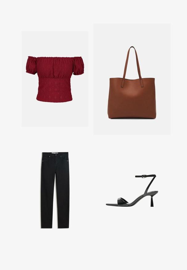 Burgundy off-the-shoulder top with puff short sleeves, featuring a textured diamond pattern and elasticized neckline and hem.; Black denim pants with a straight leg design, five pockets, metal button closure, and subtle stitching details. Smooth texture.; Bershka High heeled sandals - black; Brown leather tote bag with a smooth texture, open top design, and two shoulder straps. Features minimal stitching and no visible hardware.