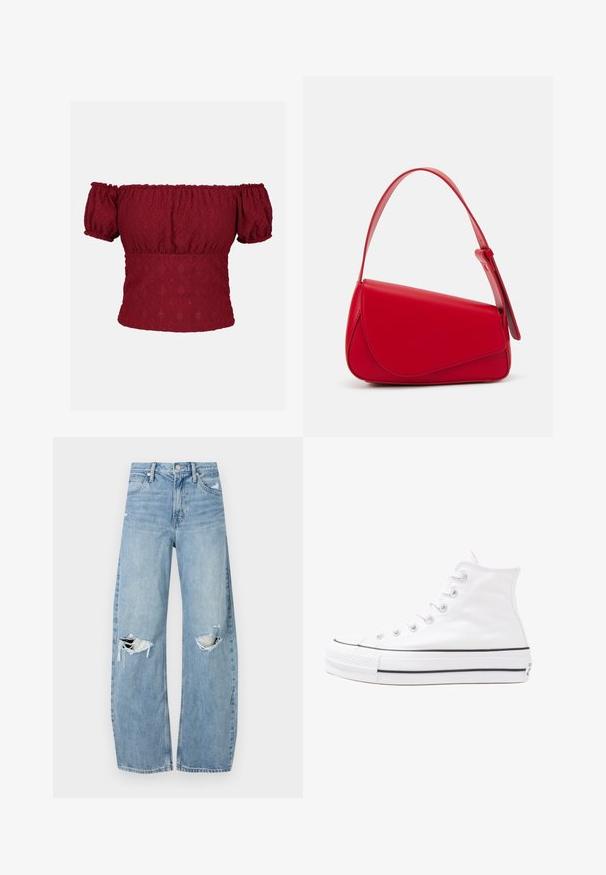 Burgundy off-the-shoulder top with puff short sleeves, featuring a textured diamond pattern and elasticized neckline and hem.; Light blue, high-waisted jeans made of denim. Feature wide legs, two torn knee areas, and classic five-pocket styling.; White high-top canvas sneaker with black rubber sole, front rubber toe cap, and six eyelets for laces, featuring a clean, minimalist design.; Red leather handbag with an angular, geometric design. Features a single adjustable strap and a flap closure with stitched detailing.