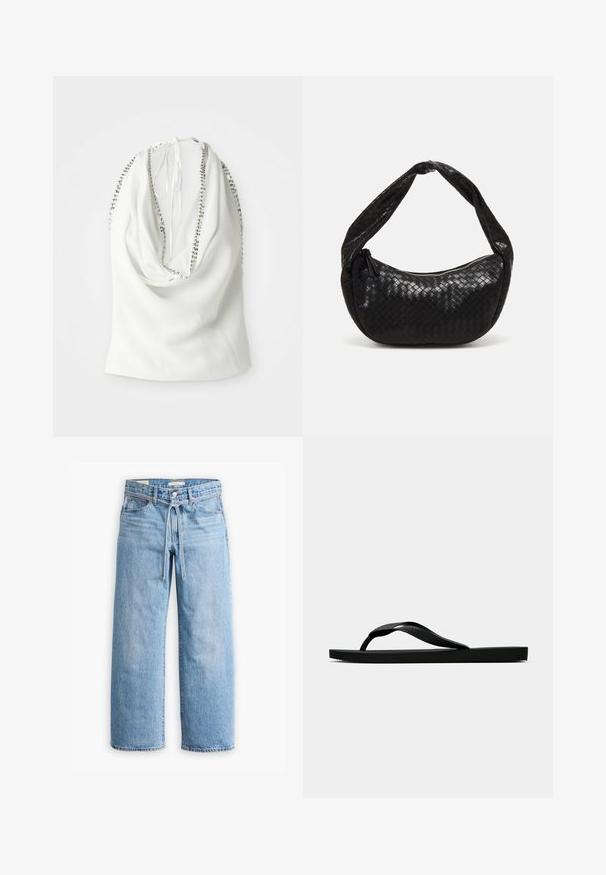 Bela tkanina zgoraj z drapirano zasnovo, ki vključuje okrasne perle vzdolž izreza in zavezovanje na hrbtu. Mehka tekstura.; Svetlo modri traper široki hlače z visokim pasom, z gumbom in zadrgo ter detajlom s povezanico v pasu. Neobdelan rob.; Črne gumijaste japonke s teksturirano thong naramnico in preprostim ravnim podplatom, prikazane s strani na enobarvni svetli podlagi.; Črna pletena usnjena torbica s ukrivljenim oblikom, opremljena s širokim ročajem in zadrgo za zapiranje. Teksturirana površina z sijočim zaključkom.