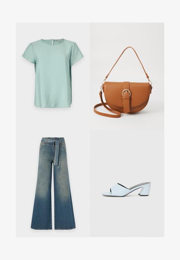 Top verde menta a maniche corte con scollatura rotonda e una piccola apertura a chiave sul retro, realizzato in un tessuto leggero e morbido.; Pantaloni in denim a gamba larga con una sfumatura che va dal blu chiaro al blu scuro, vita alta, passanti per cintura e una cintura in tessuto coordinato. Finitura in denim strutturato.; Mule aperte di colore blu chiaro con punta aperta e design geometrico, dotate di una fascia larga che attraversa il piede e di un tacco spesso e angolare.; Borsa a tracolla in pelle marrone con forma curvata, hardware dorato e un dettaglio con fibbia. Presenta una tracolla rimovibile.