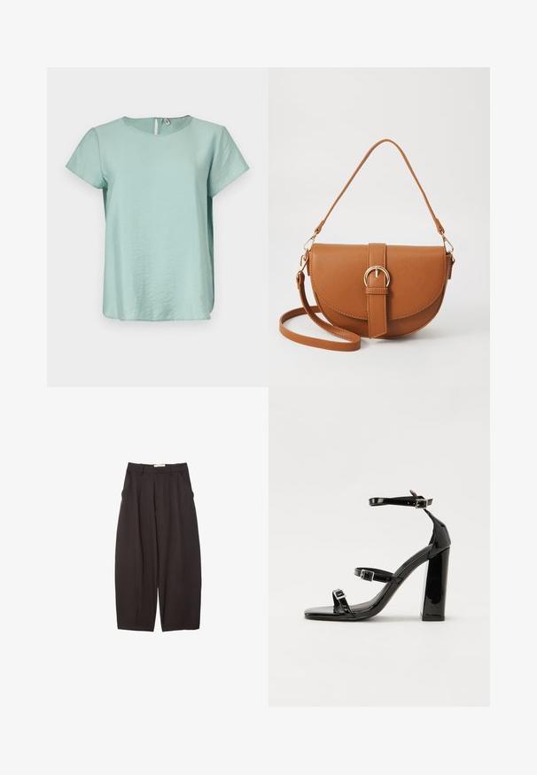 Minttivihreä lyhythihainen paita, jossa on pyöreä pääntie ja pieni reikämäinen aukko selässä, valmistettu ohutta ja kevyttä kangasta.; Mustat leveälahkeiset housut, jotka on valmistettu sileästä kankaasta. Niissä on korkea vyötärö, etupleatsit ja sivutaskut. Yksinkertainen muotoilu ilman koristeita.; Musta kiiltäväpintainen korkokengät, joissa on kaksi solkikiinnitystä, neliönmuotoinen kärki ja paksu korko, sileällä, kiiltävällä pintarakenteella.; Ruskean nahkainen olkalaukku, jossa on kaareva muoto, kultaiset yksityiskohdat ja solkiyksityiskohta. Varustettu irrotettavalla olkahihnalla.