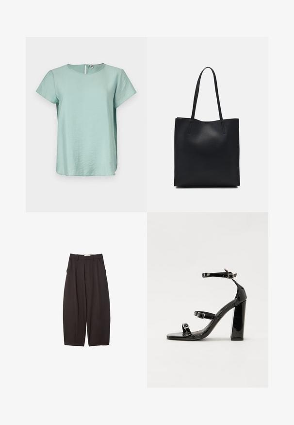 Top verde menta a maniche corte con scollatura rotonda e una piccola apertura a chiave sul retro, realizzato in un tessuto leggero e morbido.; Pantaloni neri a gamba larga realizzati in un tessuto morbido, con vita alta, pieghe frontali e tasche laterali. Design semplice senza decorazioni.; Sandali con tacco in vernice nera, con punta squadrata, cinturini alla caviglia e fibbie in argento. Presentano un tacco a blocco spesso per maggiore stabilità.; Borsa tote in pelle nera con texture liscia, forma rettangolare e due manici lunghi. Nessun hardware o decorazione visibile.