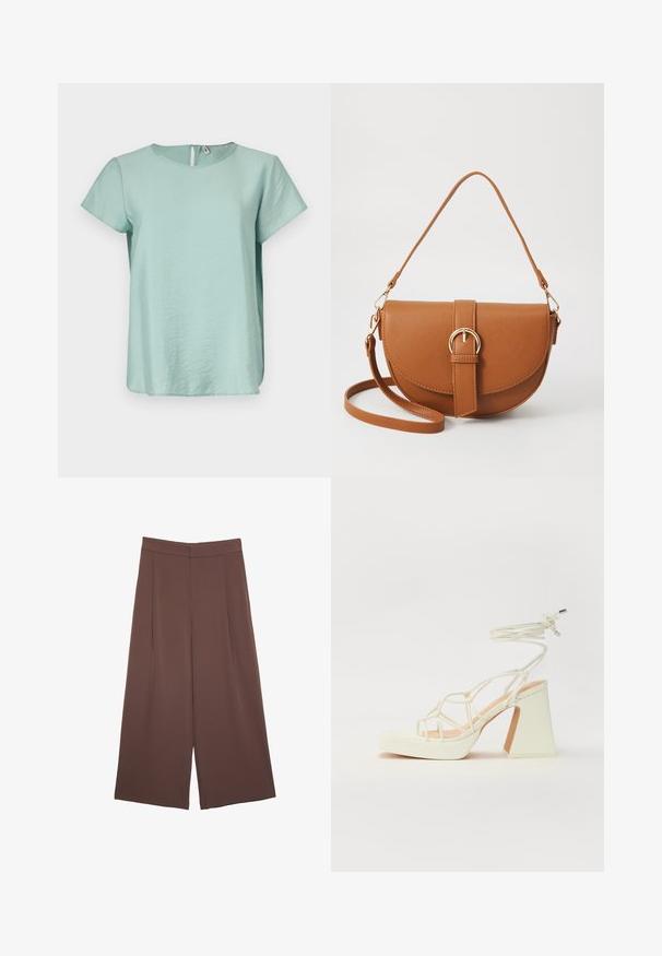 Miętowa bluzka z krótkim rękawem, z okrągłym dekoltem i małym otworem w kształcie klucza z tyłu, wykonana z gładkiego, lekkiego materiału.; Brązowe spodnie o szerokich nogawkach z gładką fakturą, z wysokim stanem i plisami z przodu. Materiał jest lekki i luźno opada.; Biała sandał na wysokim obcasie z masywnym słupkiem, z paskowym wzorem i wiązaniem przy kostce. Gładka faktura z platformą z przodu dla dodatkowej wysokości.; Brązowa skórzana torba na ramię o zaokrąglonym kształcie, ze złotymi akcentami i zapięciem w formie klamry. Posiada odpinany pasek na ramię.