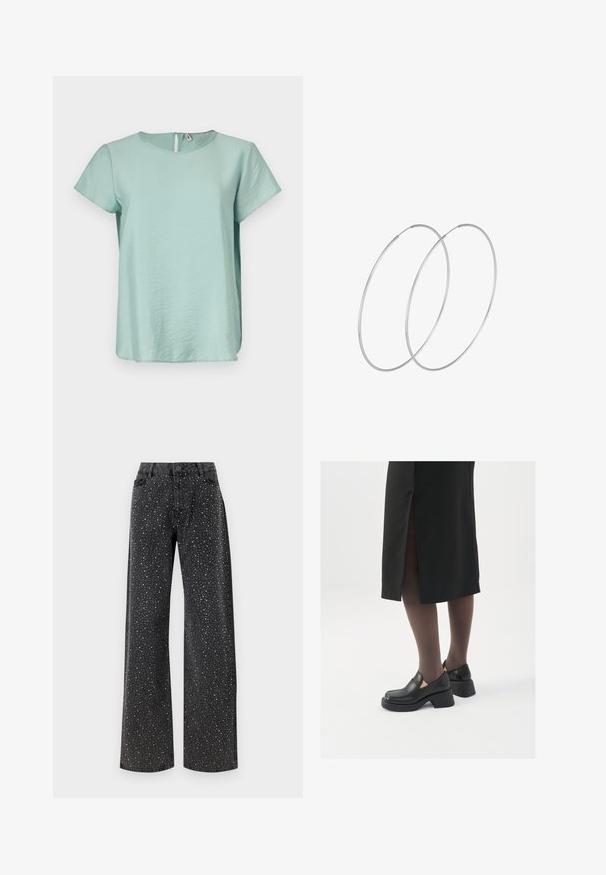 Mintgrøn kortærmet bluse med rund halsudskæring og en lille nøglehulåbning i ryggen, lavet af et glat og let materiale.; Noisy May NMJANNEL LOOSE - Jeans Relaxed Fit - black denim; Sorte lædersko med rund tå, kraftig blokhæl og elastiske sideaccentuer, parret med mørke strømpebukser og en sort nederdel med slids.; Sølvøreringe med et minimalistisk design. Cirkulær form, glat tekstur og tynd profil. Letvægtige med en poleret overflade.