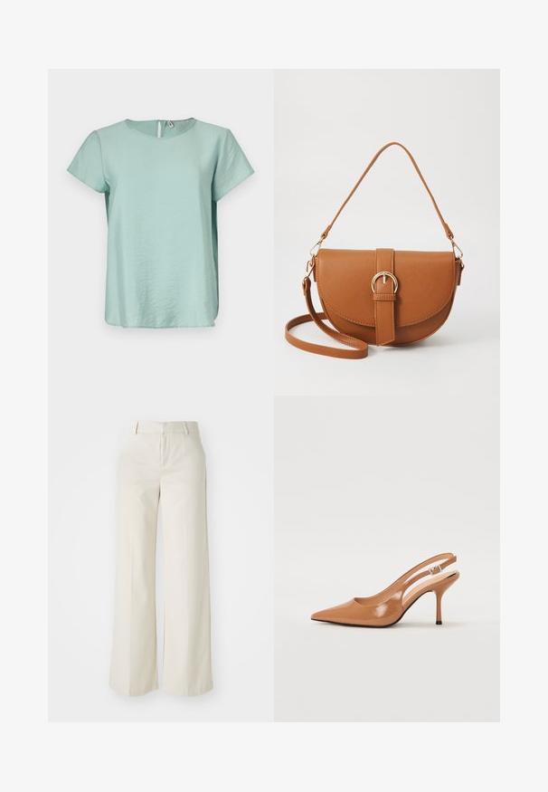 Top scurt mint green, cu guler rotund și o deschidere mică în formă de cheie la spate, realizat dintr-un material neted și ușor.; Pantaloni cu picioare largi, de culoare bej deschis, dintr-un material neted. Prezintă un brâu clasic și un față plată cu linii curate.; Pantofii cu toc slingback, cu vârful ascuțit, dintr-un material tan neted și strălucitor. Prezintă un design cu decupaj curbat și un toc subțire stil stiletto. Detaliu cu cataramă argintie.; Geantă din piele maro, tip crossbody, cu o formă curbată, accesorii aurii și un accent cu cataramă. Dispune de un curea de umăr detașabilă.