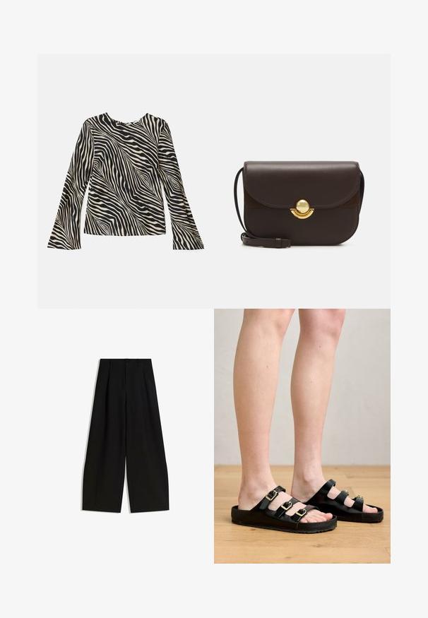Duga majica s dugim rukavima s kremastim i crnim uzorkom zebra pruga, okruglim izrezom, glatkom tkaninom i lepršavim rukavima.; Crne široke hlače izrađene od glatkog materijala, s visokim strukom, nabranim detaljima sprijeda i bez vidljivih ukrasa ili uzoraka.; Crne sandale od glatkog materijala, s tri podesive trake sa zlatnim kopčama i ravnim đonom sa teksturiranom površinom za bolji grip.; Furla SFERA - Torba preko tijela - cioccolato