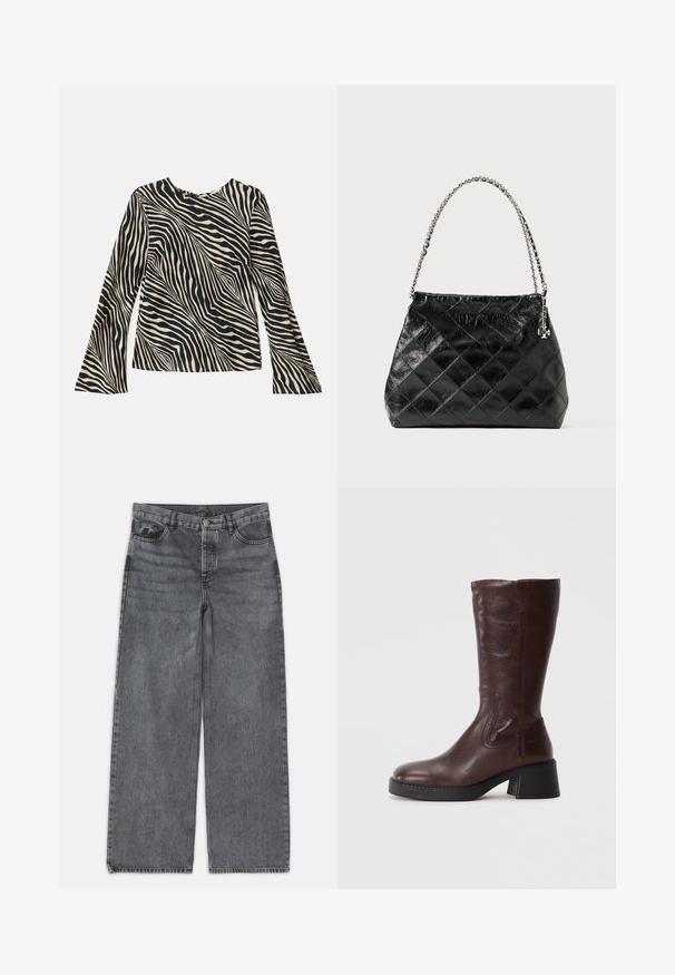 Langärmliges Oberteil mit einem cremefarbenen und schwarzen Zebramuster, Rundhalsausschnitt, glattem Stoff und ausgestellt geschnittenen Ärmeln.; Weite Jeans in dunkelgrauem Denim. Verfügt über eine hohe Taille, ein Fünf-Taschen-Design und einen Frontknopfverschluss. Glatte Textur mit subtilen Auswaschungen.; Braune Lederkniehohe Stiefel mit strukturiertem Finish, quadratischer Zehenform und niedrigem Blockabsatz. Verfügt über seitliche Nähte und einen leicht ausgestellten oberen Rand.; Schwarze gesteppte Lederhandtasche mit einem silbernen Kettenhenkel, die ein strukturiertes Design und eine glatte Textur aufweist.
