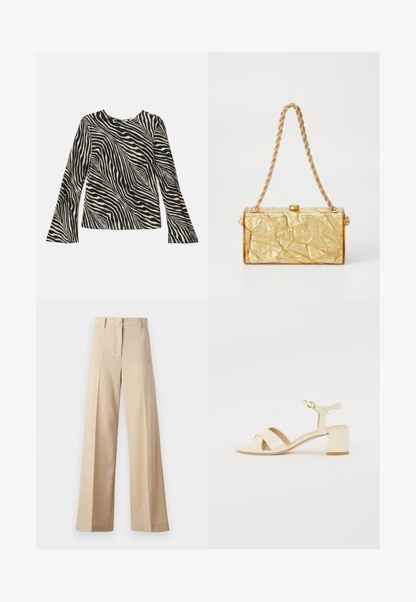 Long-sleeve top featuring a cream and black zebra stripe pattern, round neckline, smooth fabric, and flared sleeves.; Beige wide-leg trousers made of smooth fabric, featuring a flat front with pleats, a zip fly, and belt loops. Tailored fit overall.; Beige patent leather heeled sandals with cross strap design, open toe, adjustable ankle strap, and a block heel. Smooth texture.; Gold crumpled-texture handbag with a rectangular shape, featuring a chain strap and a clasp closure on top. Smooth, shiny finish.