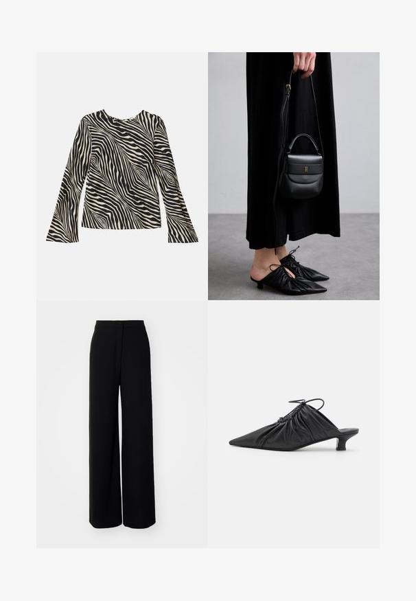 Long-sleeve top featuring a cream and black zebra stripe pattern, round neckline, smooth fabric, and flared sleeves.; Black wide-leg trousers with a high waist, smooth fabric, front button closure, and no visible pockets, featuring a tailored fit.; Black leather slip-on mules with a pointed toe, gathered texture, and a small kitten heel. Features a drawstring detail at the opening.; Small black leather handbag with a rounded shape, top handle, and removable strap. Worn with black fabric dress and black pleated shoes.