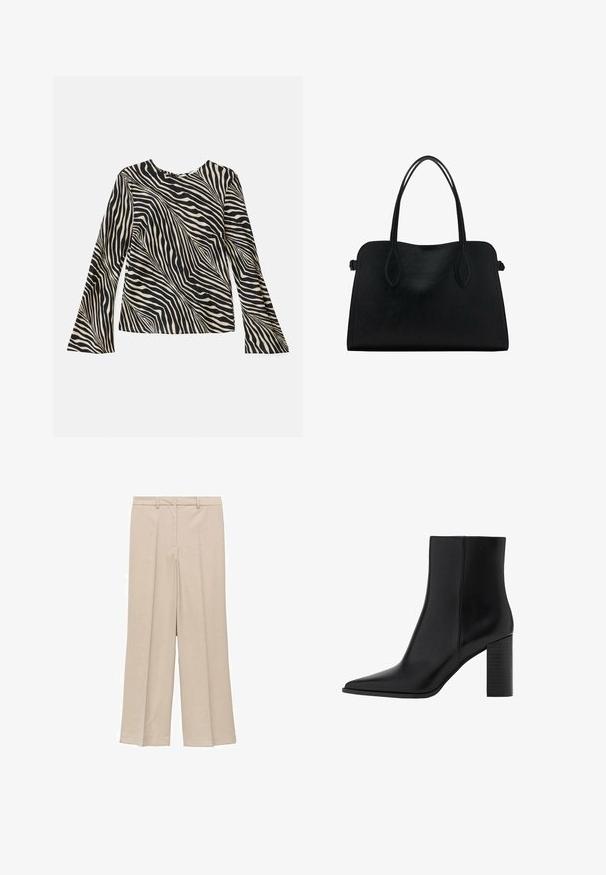 Top a maniche lunghe con un motivo a strisce zebrate in crema e nero, scollo rotondo, tessuto morbido e maniche a campana.; Pantaloni larghi beige chiaro con una texture liscia, caratterizzati da una frontale plissettata e tasche laterali, e un design con vita aderente.; Stivale alla caviglia in pelle nera con punta affilata, tacco quadrato, texture liscia e dettagli di cucitura lungo le cuciture. I tacchi misurano circa 3,5 pollici.; Borsa a mano in pelle nera con doppio manico, forma rettangolare e design minimalista su sfondo bianco.
