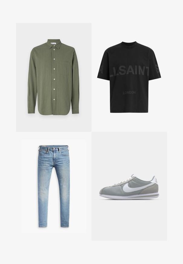 Camicia a maniche lunghe di colore verde oliva, tessuto testurizzato, chiusura frontale con bottoni, taschino sul petto e colletto classico.; T-shirt nero oversize con il testo grigio scuro "ALLSAINTS" sul petto e "LONDON" in lettere più piccole sottostante.; Jeans slim fit blu chiaro con leggere sfumature sulle cosce, chiusura con bottone anteriore, passanti per cintura e cinque tasche su uno sfondo bianco.; Scarpa sportiva grigia con tomaia in camoscio e tessuto, swoosh Nike bianco e lacci bianchi. Presenta una suola in gomma testurizzata e un collare imbottito.