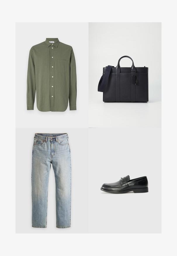 Langarmhemd in olivgrün, strukturierter Stoff, Knopfverschluss vorne, eine Brusttasche und klassischer Kragen.; Helle blaue Jeans mit hoher Taille, Frontknopf, Reißverschluss und fünf Taschen-Design, flach auf einem neutralen Hintergrund ausgelegt.; Schwarze Lederloafers mit runder Zehenform, ausgestattet mit einem gesteppten Design, einem kleinen Frontriemen mit Hardware-Details und einer flachen Gummisohle.; Dunkelblaues Lederaktentasche mit doppelten oberen Griffen und einem abnehmbaren Gurt. Merkmale sind die strukturierte Oberfläche, vertikale Nähte und das Logo-Detail.