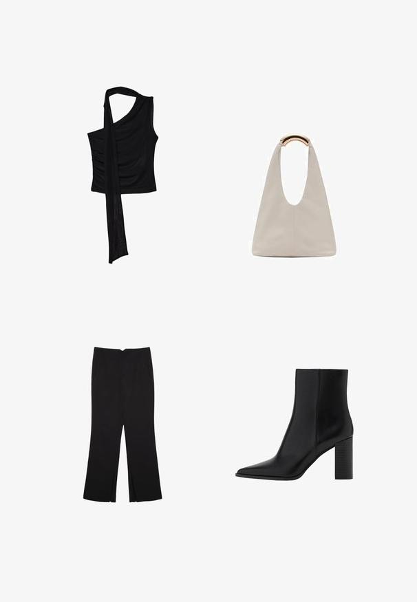 Zwarte mouwloze top met één schouderband, voorzien van een vloeiende, gedrapeerde accent en geplooide zijkant textuur. Gemaakt van een zachte stof.; Zwarte broek met een rechte pasvorm, voorzien van zijzakken en plooien aan de onderzijde. Gemaakt van zachte, gladde stof. Geschikt voor verschillende gelegenheden.; Zwarte leren enkellaars met een spitse neus, vierkante hak, een gladde textuur en stikdetails langs de naden. De hakken zijn ongeveer 8,9 cm hoog.; Lichtgrijze leren tas met een U-vormig ontwerp en een gebogen metalen handvat. Glad oppervlak met minimale stiksels en geen zichtbare patronen.