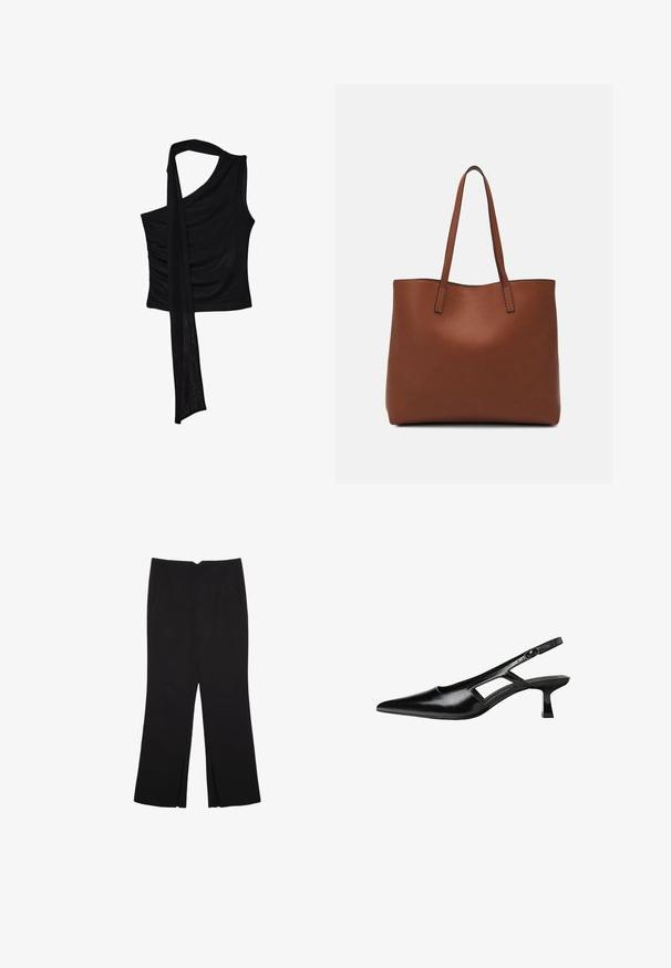 Top smanicato nero con una sola spallina, caratterizzato da un accento fluido e drappeggiato e una texture laterale arricciata. Realizzato in un tessuto morbido.; Pantaloni neri a gamba dritta, con tasche frontali e spacchi laterali all'orlo. Realizzati in tessuto morbido e liscio. Adatti a diverse occasioni.; Tacchi slingback in pelle verniciata nera con punta affusolata, design con tagli laterali e tacco quadrato piccolo. Texture liscia con dettagli minimi.; Borsa tote in pelle marrone con texture liscia, design con apertura superiore e due spallacci. Presenta cuciture minime e nessun hardware visibile.