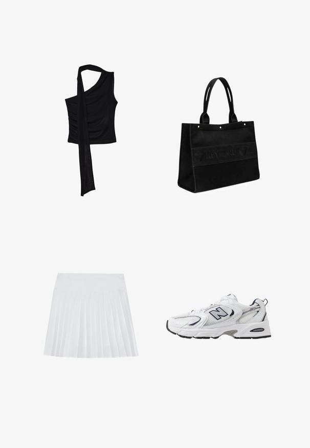 Schwarzes ärmelloses Oberteil mit einem einzelnen Schulterriemen, das eine fließende, drapierte Akzentuierung und geraffte Seitenstruktur aufweist. Hergestellt aus einem weichen Stoff.; Weißer Faltenrock mit glattem Bund. Hergestellt aus leichtem, strukturiertem Stoff. Verfügt über vertikale, gleichmäßige Falten über die gesamte Länge.; Weißer Sportschuh mit Mesh-Obermaterial, navyblauen Akzenten und gepolsterter Sohle. Verfügt über das "N"-Logo, Schnürsenkel und eine strukturierte Detailverarbeitung an der Seite.; Schwarze Canvas-Tragetasche mit zwei Tragriemen, die mit einem geprägten Logo-Band und kleinen Hardware-Details versehen ist. Rechteckige Form, robuste Verarbeitung.