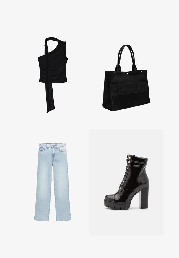 Black sleeveless top with a single shoulder strap, featuring a flowing, draped accent and gathered side texture. Made from a soft fabric.; Light blue wide-leg jeans made of denim with a high waist, five pockets, and a button-fly closure. Features minimal stitching detail.; RAID KYNLEE - Lace-up ankle boots - black; Black canvas tote bag with two handles, featuring an embossed logo band and small hardware details. Rectangular shape, sturdy construction.