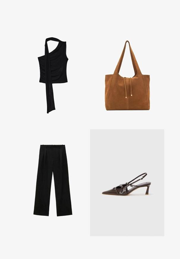 Černý bezramenný top s jedním ramenním popruhem, se splývavým akcentem a nařasenou texturou na boku. Vyroben z měkké tkaniny.; Černé široké kalhoty s plisováním, s hladkou texturou a vysokým pasem. Minimalistický styl, žádné viditelné kovové prvky nebo ozdoby.; Hnědé lakované kožené slingback podpatky s špičatou špičkou, nastavitelnými popruhy a dekoračními přezkami na přední straně. Výška podpatku 7,5 cm.; Hnědá semišová taška s dvěma dlouhými popruhy, stahovací šňůrkou a minimalistickým designem. Hladký povrch a žádné viditelné kovové akcenty.
