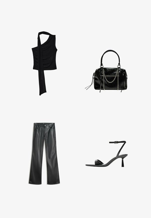 Musta hihaton toppi yhdellä olkaimella, jossa on virtaava, laskostettu yksityiskohta ja rypistetty sivutekstuuri. Valmistettu pehmeästä kankaasta.; Mustat keinonahkaiset flared-housut, joissa on sileä rakenne, viisi taskua, vetoketju edessä ja kontrastivärinenniitit.; Bershka Korolliset sandaalit - black; Bershka WITH CHAIN - Käsilaukku - black
