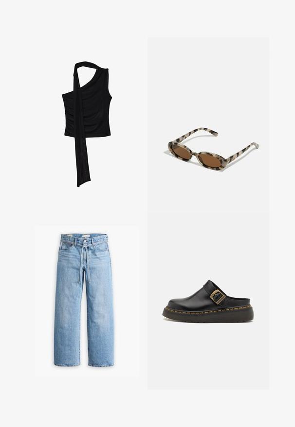 Svart ärmlös topp med en enda axelrem, med ett flödande, draperat accent och samlad sidstruktur. Tillverkad av ett mjukt tyg.; Ljusblå denim jeans med vida ben och hög midja, knäppning med knapp och dragkedja samt dragsko i midjan. Råkantad avslutning.; Svart läder mule clog med en bredrem och detaljer i mässingsspänne. Har en texturerad gummisula med gula sömnadsdetaljer.; Sköldpaddsdesign solglasögon med oval linser, brun ton och tunna mönstrade sidor. Lätt plastmaterial med subtila guldförzieringar.