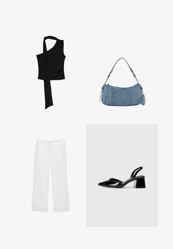 Črna brezrokavna majica z enim naramnicom, ki ima tekoč, drapiran poudarek in nabran stranski vzorec. Narejena iz mehkega blaga.; Bele široke hlače iz mehkega blaga, opremljene z elastičnim pasom z vrvico in dvema stranskima žepoma. Preprost in čist dizajn.; Črne lakirane slingback pete s koničastim nosom in geometrijsko blokasto peto. Imajo eleganten, minimalističen dizajn in gladko teksturo.; Denim torbica s zakrivljenim oblikom, svetlo modre barve, nastavljivim naramnicam in majhno odstranitveno torbico z metalnimi detajli.