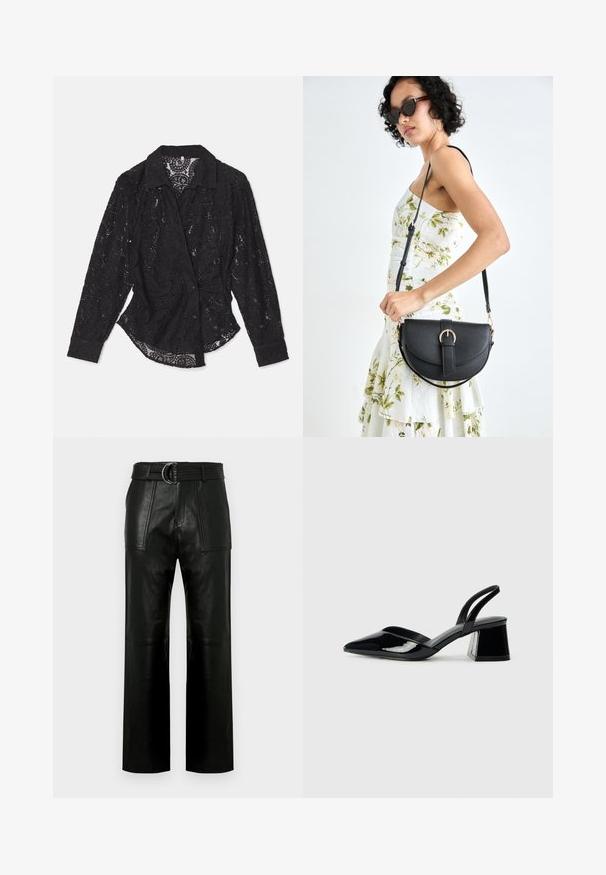 Baum und Pferdgarten MALUCA - Paitapusero - black; Korkeavyötäröiset mustat nahkahousut, joissa on leveät lahkeet, suuret etumaiset läppätaskut ja yhteensopiva vyö kaksoisrenkaalla.; Mustat patentoitu nahkakengät, joissa on säären takaosa ja terävä kärki, sekä geometrinen palikkakorko. Sisältää tyylikkään, minimalistisen muotoilun ja sileän pinnan.; Musta nahkainen käsilaukku, joka on kaareva muotoilultaan, irrotettavalla hihnalla ja kultaisilla yksityiskohdilla. Laukussa on läppä, jossa on solk yksityiskohta.