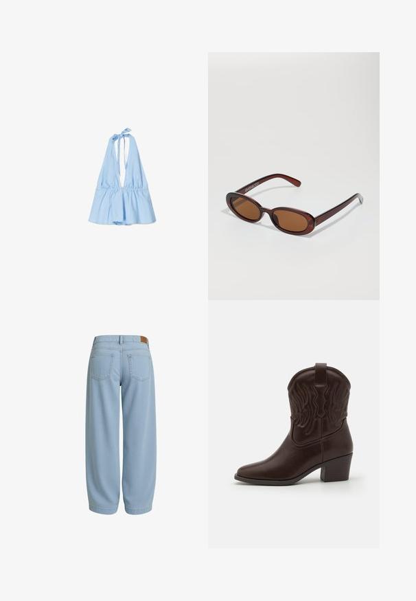 Ljusblå halterneck-top med sammanknuten elastisk midja och utsvängd nederkant. Tillverkad av ett mjukt, lätt material. Knyts säkert runt nacken.; Ljusblå denimbyxor med en avslappnad passform, som har två bakfickor, en midja med en brun läderlapp och avsmalnande anklar.; Bruna lädercowboyboots med spetsiga tår, präglade vingmönster, en medelhög blockklack och en dragflik baktill.; Runda, bruntonade solglasögon med en glansig bordeauxfärgad ram. Smala bågar med subtilt varumärkesdetalj. Platt linsdesign.; Brun syntetisk läderhandväska med en böjd form, dragkedjestängning och dekorativa silvernitar längs ena sidan. Har en kort axelrem.
