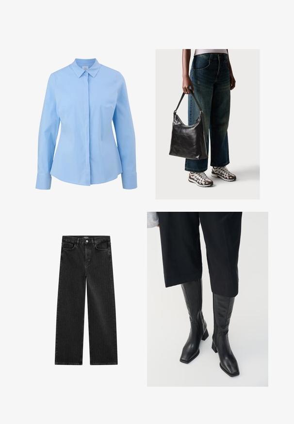 Light blue long-sleeve shirt with a pointed collar, button-up front, and smooth texture. Features tailored fit and cuffed sleeves.; Wide-leg black denim jeans with a subtle vertical stripe pattern, featuring five-pocket design and a classic button closure at the waist.; Black leather knee-high boots with a square toe and a block heel. Features a side zipper and smooth texture.; Black leather shoulder bag with a smooth texture and adjustable strap, paired with faded wide-leg jeans and athletic sneakers.