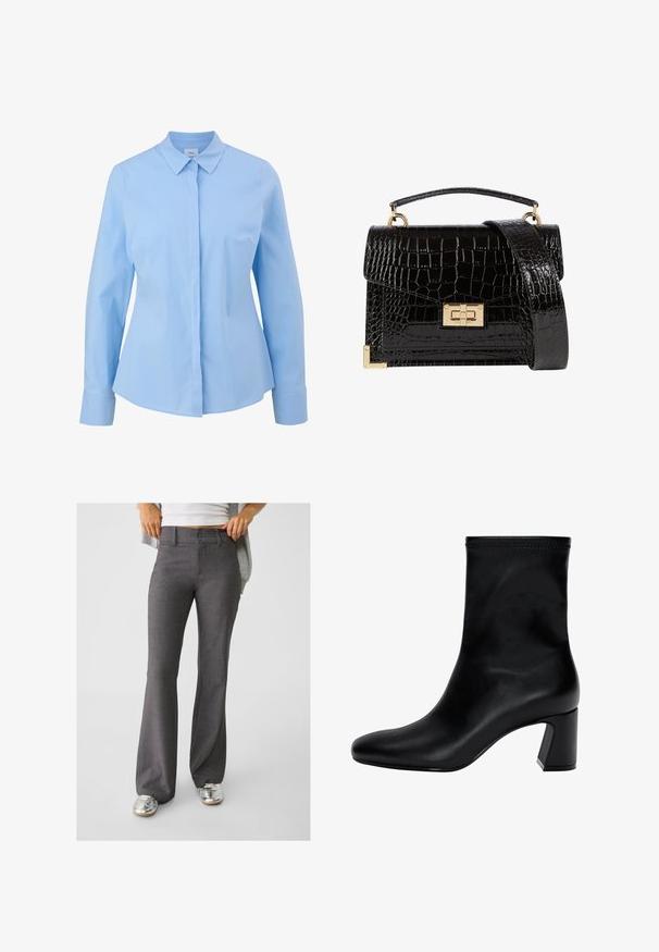 Jasnoniebieska koszula z długim rękawem, z wyłogami, zapinana na guziki z gładką fakturą. Ma dopasowany krój i mankiety z zapięciem.; Szare spodnie w fasonie dzwonów wykonane z teksturowanej tkaniny, z dwoma guzikami z przodu i szlufkami na pasek, w połączeniu z błyszczącymi srebrnymi sneakerami.; Czarny botek na kostkę wykonany z gładkiej skóry. Posiada kwadratowy czubek, elastyczny górny brzeg oraz masywny obcas zapewniający stabilność. Minimalistyczny design.; Czarna torebka na ramię z lakierowanej skóry licowej o fakturze krokodyla, ze złotymi akcesoriami, górną rączką oraz odczepianym paskiem na ramię. Prostokątny kształt z klapką.