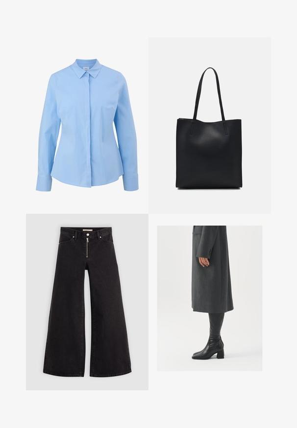 Pilkiai mėlynas ilgas rankovėmis marškiniai su smailiu apykakle, priekyje su mygtukais ir lygia tekstūra. Šie marškiniai pasižymi pritaikytu siluetu ir apvyniotais rankovėmis.; Plačios kojų džinsai iš juodo džinsinio audinio su užtrauktuku priekyje, penkių kišenių dizainu ir subtiliais siuvinėjimo akcentais. Lygus paviršius ir laisvalaikio stilius.; Pilkas pritaikytas paltas su tiesiu kirpimu; derinamas su juodais odiniais batais iki kelių, turinčiais kvadratinį pirštą ir storą kulną.; Juodas odinis tote krepšys su lygia tekstūra, stačiakampio formos ir dviem ilgais rankenomis. Matomų metalinių detalių ar puošybos nėra.