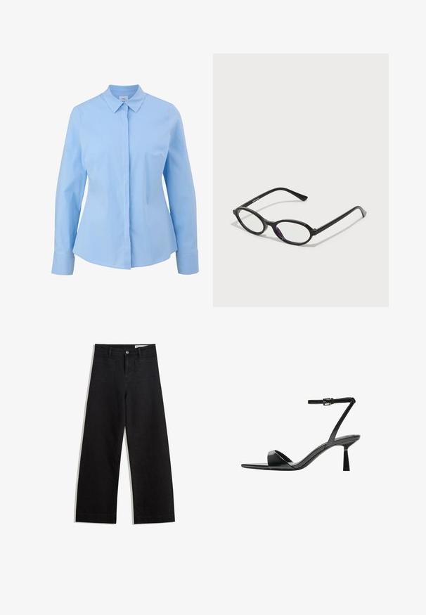 Light blue long-sleeve shirt with a pointed collar, button-up front, and smooth texture. Features tailored fit and cuffed sleeves.; Black wide-leg denim pants with a high waist, featuring front and back pockets, stitched seams, and a button closure. Smooth texture.; Bershka High heeled sandals - black; Black oval-frame glasses with translucent purple accents on the lenses. Frames have a matte finish and slender, straight temples.; Bershka WITH CHAIN - Handbag - black