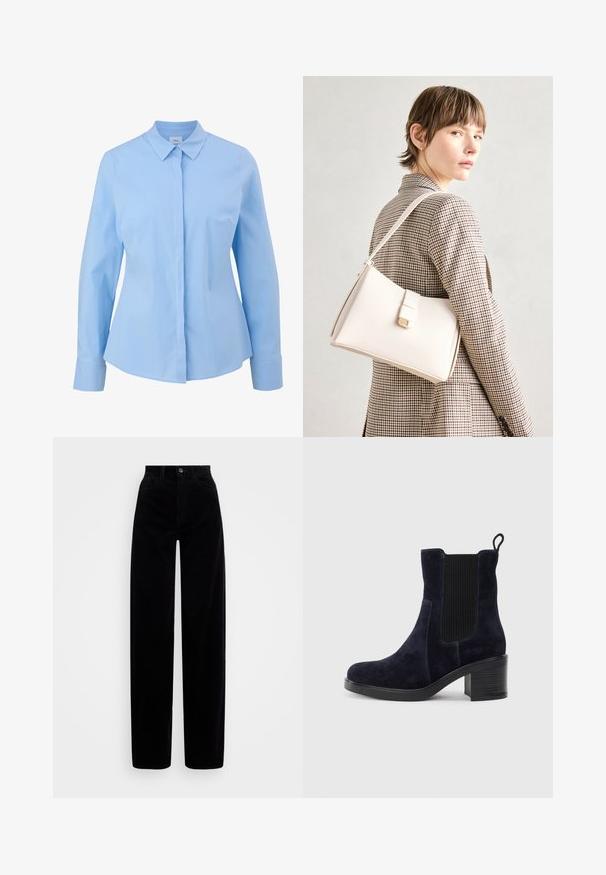 Helles blaues Langarmhemd mit spitzem Kragen, durchgehender Knopfleiste und glatter Textur. Mit taillierter Passform und geknöpften Ärmelabschlüssen.; Schwarze Cordhosen mit hoher Taille, weitem Bein Design und einer einzelnen vorderen Knopfverschluss. Glatte Textur mit vertikalen Rippungen.; Schnürstiefelette aus dunkelblauem Wildleder mit elastischem Seitenpanel, runder Spitze und Blockabsatz. Das strukturierte Material und die glatte Sohle sorgen für Kontrast.; Weiße Lederhandtasche mit strukturiertem Design, ausgestattet mit einem Magnetverschluss und einem Schulterriemen, präsentiert vor einem neutralen Hintergrund.