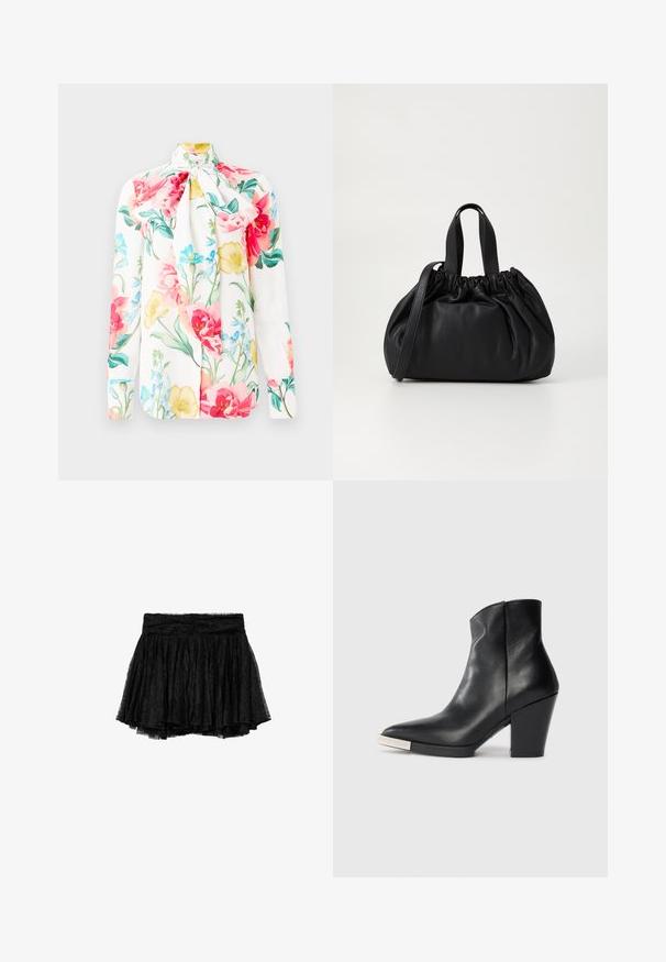 White long-sleeve blouse with a tie collar featuring a colorful floral print in pink, yellow, and blue. Smooth fabric, tailored fit.; Black lace skirt with a pleated design, featuring a fitted waistband and layered tulle underlay for added volume and texture.; Black leather ankle boot with a pointed toe, high block heel, and silver toe cap detail. Smooth texture and simple design.; Black leather handbag with a gathered top design, featuring two short handles and a long adjustable strap. Smooth texture, rounded shape.
