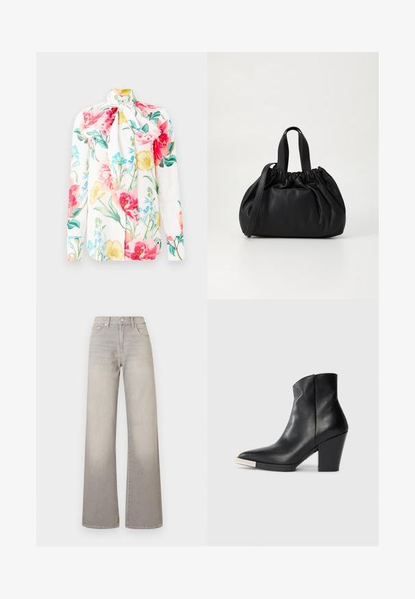 Bílá dlouhá blůza s límcem na zavázání, která má barevný květinový potisk v růžové, žluté a modré barvě. Hladká látka, přiléhavý střih.; Šedé široké džíny s vybledlým vzhledem, zapínání na knoflík, pět kapsičkový design a prošívání podél švů.; Černá kožená kotníková bota s špičatou špičkou, vysokým blokovým podpatkem a stříbrným detaily na špičce. Hladká textura a jednoduchý design.; Černá kožená kabelka s designem staženého vršku, která má dvě krátké ucha a dlouhý nastavitelný popruh. Hladký povrch, zaoblený tvar.