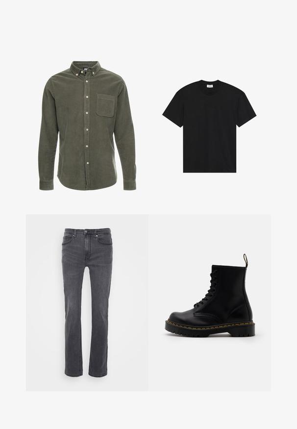 Olijfgroene corduroy overhemd met lange mouwen, button-down kraag, voorkeurszak en knoopsluiting aan de voorkant. Getextureerde stof met verticale strepen.; Zwart katoenen T-shirt met korte mouwen. Heeft een klassieke ronde hals en een comfortabele pasvorm zonder zichtbare patronen of accenten.; Grijze denim jeans met een recht ontwerp, voorzien van voorzakken en een klassieke knoopsluiting. Glad textuur met subtiele vervaging.; Zwarte leren enkelboots met een vetersluiting aan de voorkant, gele stiksels, een ronde neus en een dikke, gestructureerde rubberen zool.