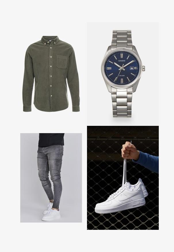 Olivno zelena kordurovna srajca z dolgimi rokavi, s ovratnikom na gumb, sprednjim žepom in gumbom spredaj. Teksturni material z navpičnimi črtami.; Oprijete jeans hlače iz izbledele sive denima, z obrabljenimi detajli na kolenih, v kombinaciji z belimi športnimi copati. Gladka tekstura, oblikovan slim fit dizajn.; Bela usnjena športna obutev s perforacijami, okroglo konico, ravnim podplatom in debelimi vezalkami, z vidnim logotipom smoosh in napisom "AIR" na peti.; Srebrna nerjaveča jeklena ura z modrim številčnico, kovinskimi kazalci ter oknom za datum na 3. uri. Vodoodporna do 50 metrov.