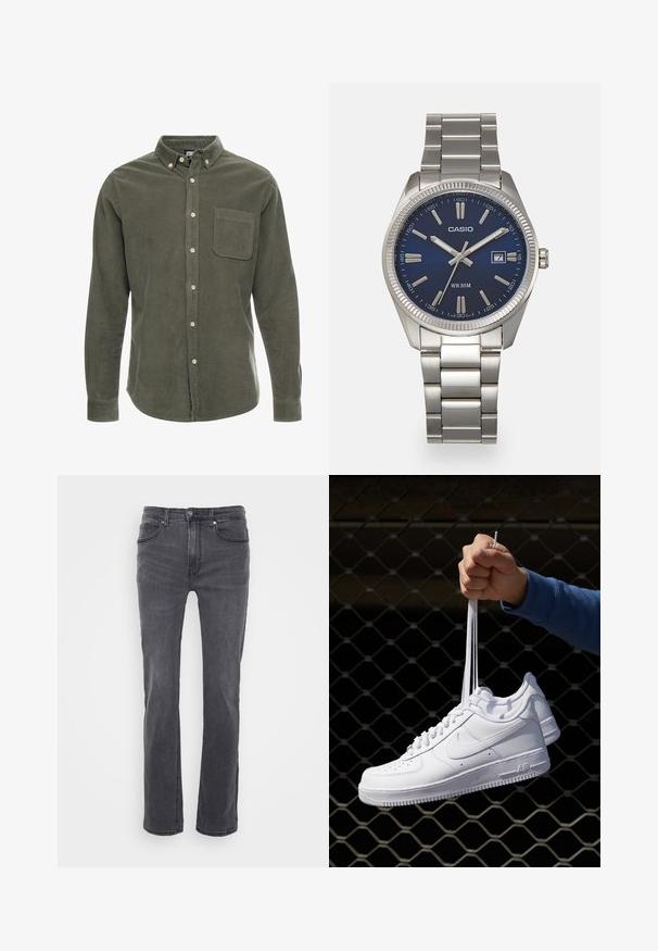 Cămașă din fâș de culoare verde măsliniu, cu mâneci lungi, guler cu nasturi, buzunar frontal și placket frontal cu nasturi. Material texturat cu dungi verticale.; Jeanși din denim gri cu un design cu picior drept, având buzunare frontale și o închidere clasică cu buton. Textură netedă cu o ușoară decolorare.; Adidași albaștri din piele cu perforații, vârf rotund, talpă plată și șireturi groase, cu un logo swoosh vizibil și cu inscripția "AIR" pe toc.; Ceas de mână din oțel inoxidabil argintiu cu un cadran albastru marin, marcaje orare metalice și o fereastră pentru dată la ora 3. Rezistent la apă până la 50 de metri.