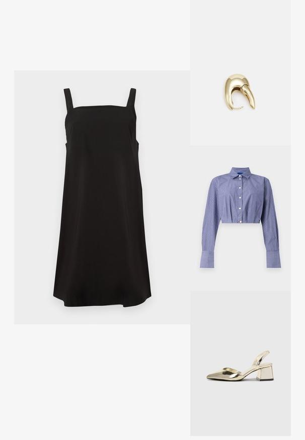 Striped blue cropped shirt with a button-down front, long sleeves, classic collar, and wide cuffs. Made from lightweight fabric.; Black sleeveless dress with a square neckline, made from smooth fabric, featuring a loose fit and straight cut. No visible patterns or hardware.; Gold, metallic slingback heels with a pointed toe and chunky heel. Smooth texture, minimalistic design, and a narrow strap.; Black leather handbag with a curved shape, detachable strap, and gold hardware. The bag features a flap with a buckle detail.; Gold-tone metal earring with a sleek, curved design. Features a distinctive pointed shape, polished surface, and hinge closure.