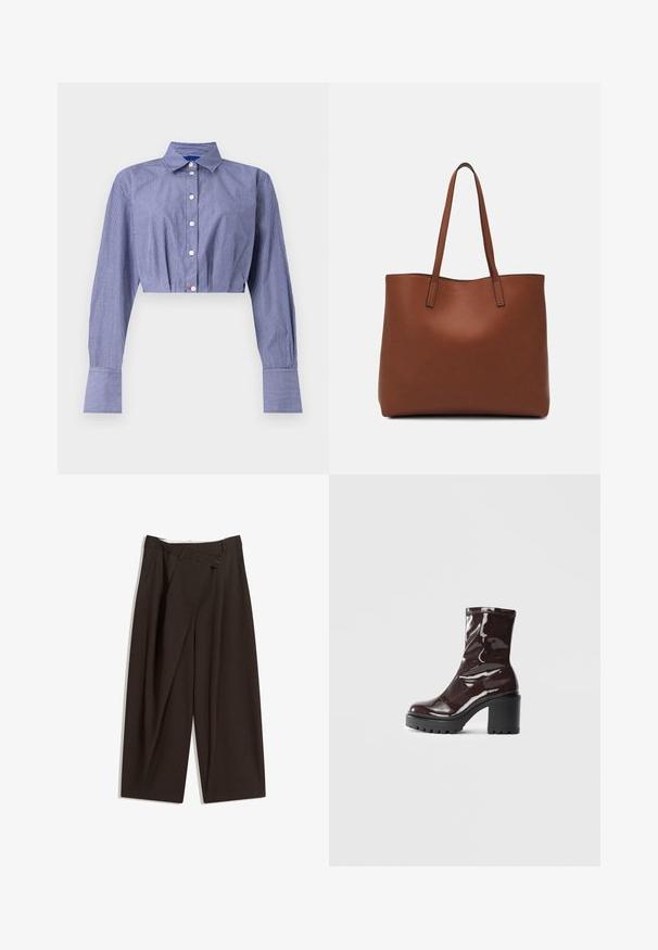 Pasiasta niebieska krótka koszula z guzikami z przodu, długimi rękawami, klasycznym kołnierzykiem i szerokimi mankietami. Wykonana z lekkiego materiału.; Ciemnobrązowe szerokie spodnie o wysokim stanie, z pojedynczym zapięciem na guzik i plisowanym przodem. Wykonane z lekkiego materiału.; Błyszczące bordowe botki za kostkę z masywną czarną obcasem, charakteryzujące się gładką teksturą i prostym wzornictwem. Brak widocznych zapięć lub wzorów.; Brązowa skórzana torba tote o gładkiej fakturze, z otwartym wierzchem i dwoma ramiączkami. Charakteryzuje się minimalnym przeszyciem i brakiem widocznych elementów metalowych.