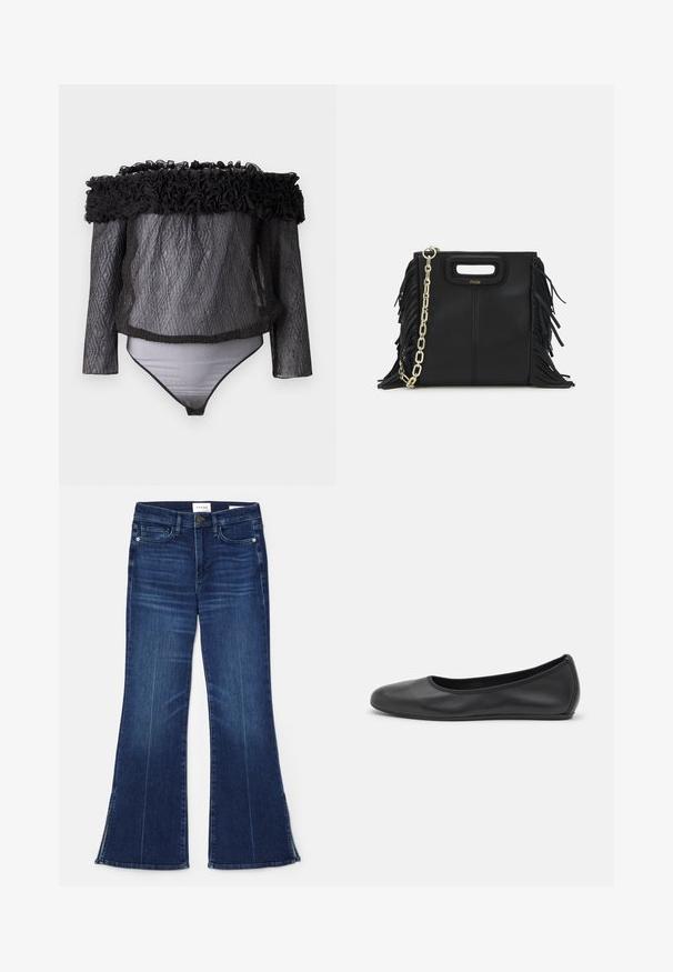 Hofmann Copenhagen EXCLUSIVE - Bluse - black; Mørkeblå flagrende jeans lavet af denim. Har høj talje, forlommer og splitdetaljer i kanten. Klassisk fem-lomme design.; Sort læderballetsko med rund tå, glat tekstur, minimal syning og et fleksibelt såldesign.; Sort læder skuldertaske med frynse-detaljer, guldkæde skulderrem og udskåret håndtag. Har logo placeret på forsiden.